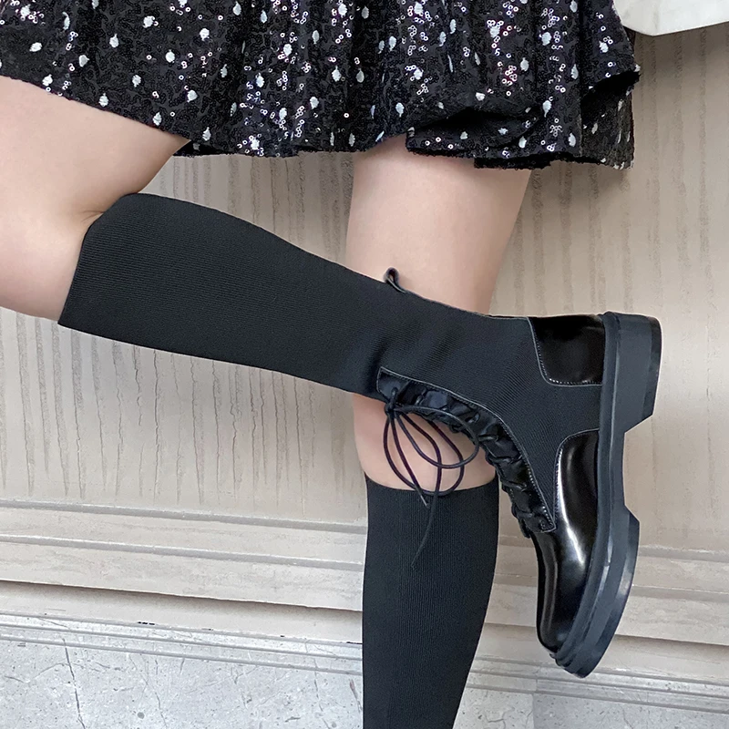 spesifikasi Ukuran 34-43 Seksi Kulit Asli Paha Tinggi Sepatu Wanita Sepatu Hak Tinggi Sepatu Bot Setinggi Lutut Untuk Wanita Ujung Bulat Panjang Sepatu Cross-Tied