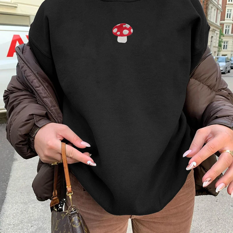 Fashion Streetwear For Women Sweatshirts Long Sleeve Crew Neck Brown Pullover Sweater 90s Y2K Aesthetic Graphic Mushroom Hoodies