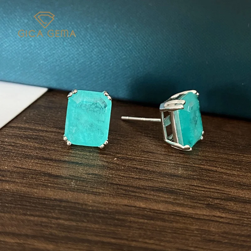 

GICA GEMA 925 Sterling Silver 8*10mm Synthetic Paraiba Tourmaline Stud Earrings For Women Sparkling Wedding Party Fine Jewelry