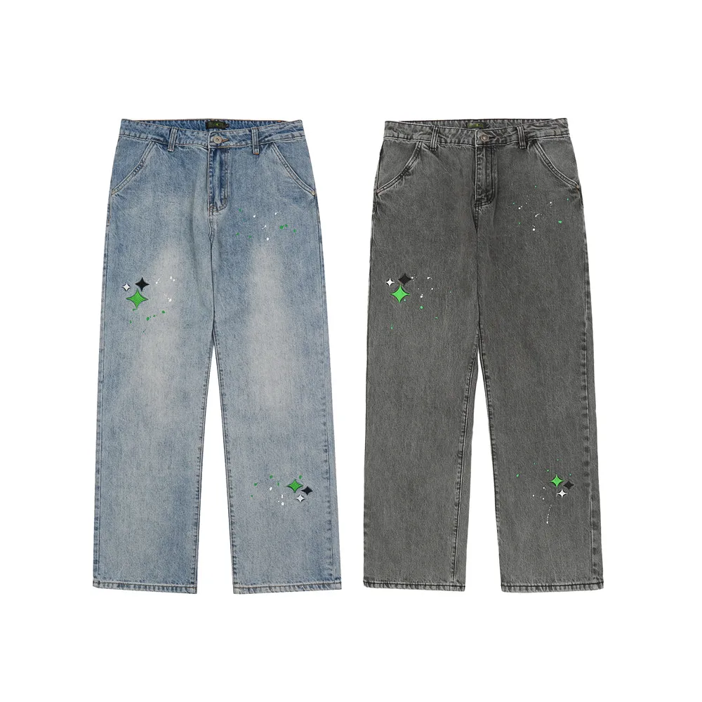 

EukaaRu Embroidered Washed Baggy Jeans Men's Street Trend Loose Straight Woman Oversized Casual Wide Leg Baggie Jeans Pants