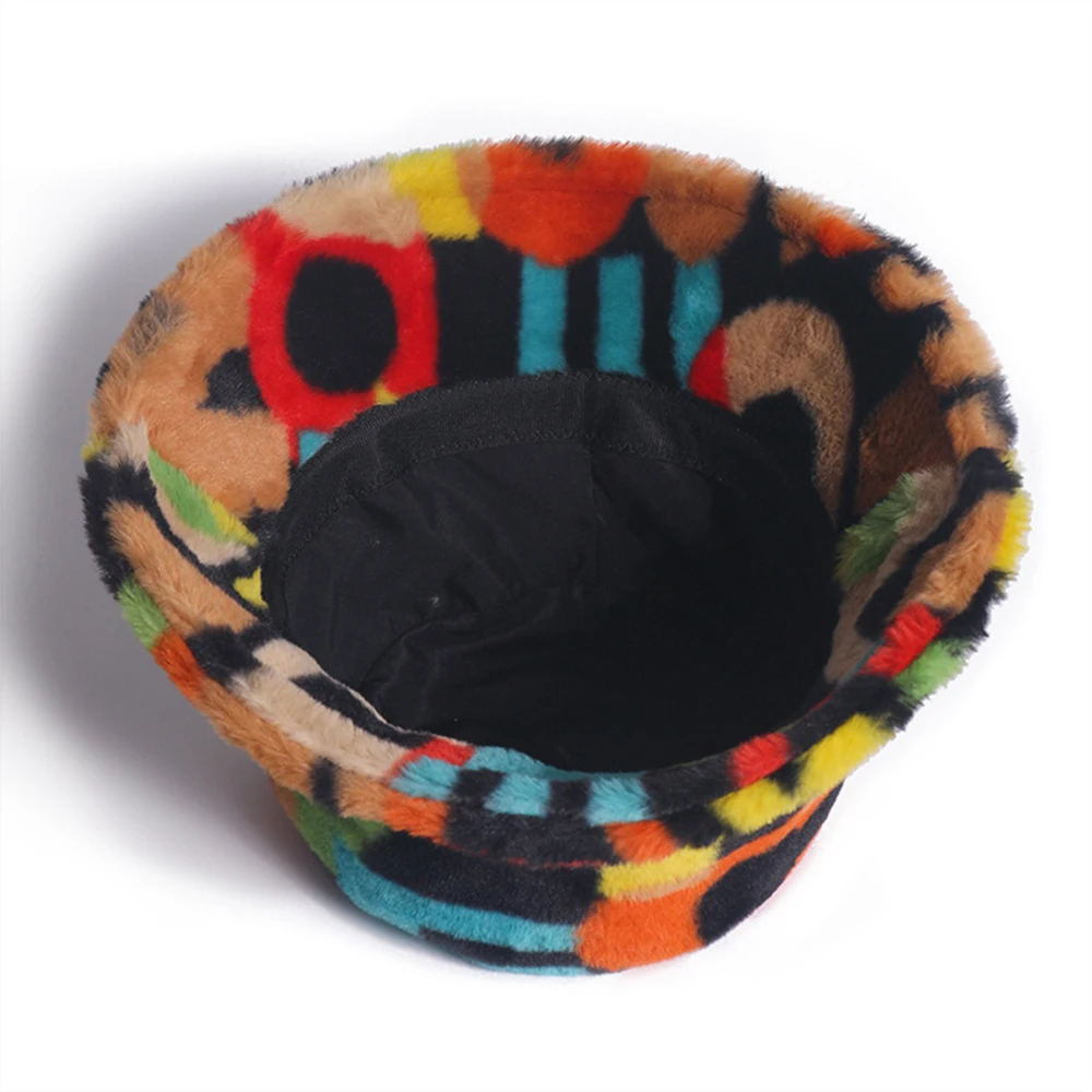 

New Outdoor Multicolor Rainbow Faux Fur Letter Pattern Bucket Hats Women Winter Soft Warm Cap