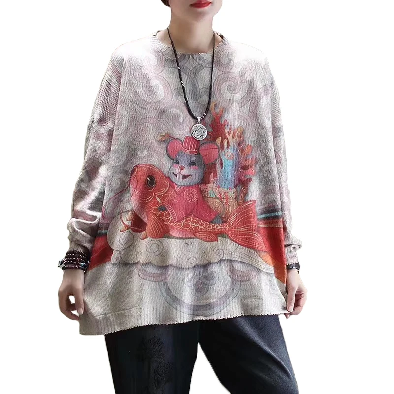 

Plus Size Women Casual Cartoon Pullover Knitted Shirt Vintage Long Sleeve Loose Streetwear Tops Blouse Sweaters Ropa De Mujer