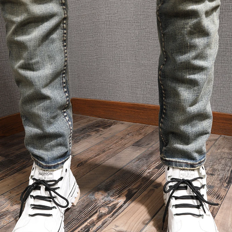 European Vintage Fashion Men Jeans Retro Yellow Distressed Wash Elastic Slim Fit Ripped Jeans Men Designer Casual Denim Pants