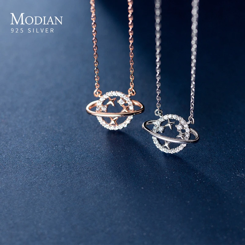 

Modian New Arrive Twinkling Zircon Cute Star Planet 925 Sterling Silver Pendant Link Chain for Women Korea Style Fine Jewelry