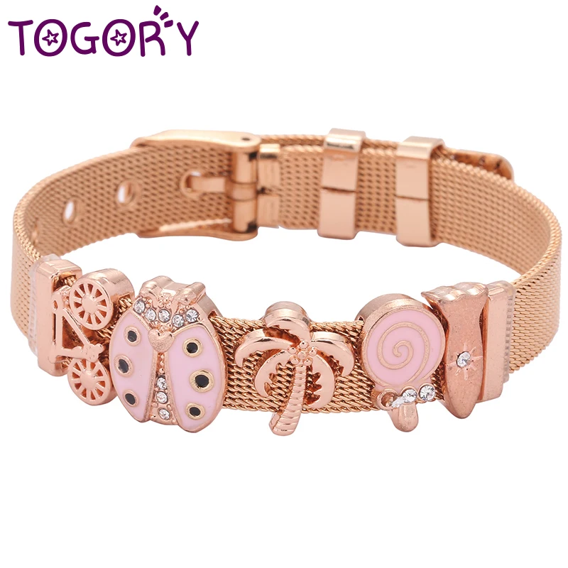 Розовый браслет с подвеской в виде божьей коровки из нержавеющей стали