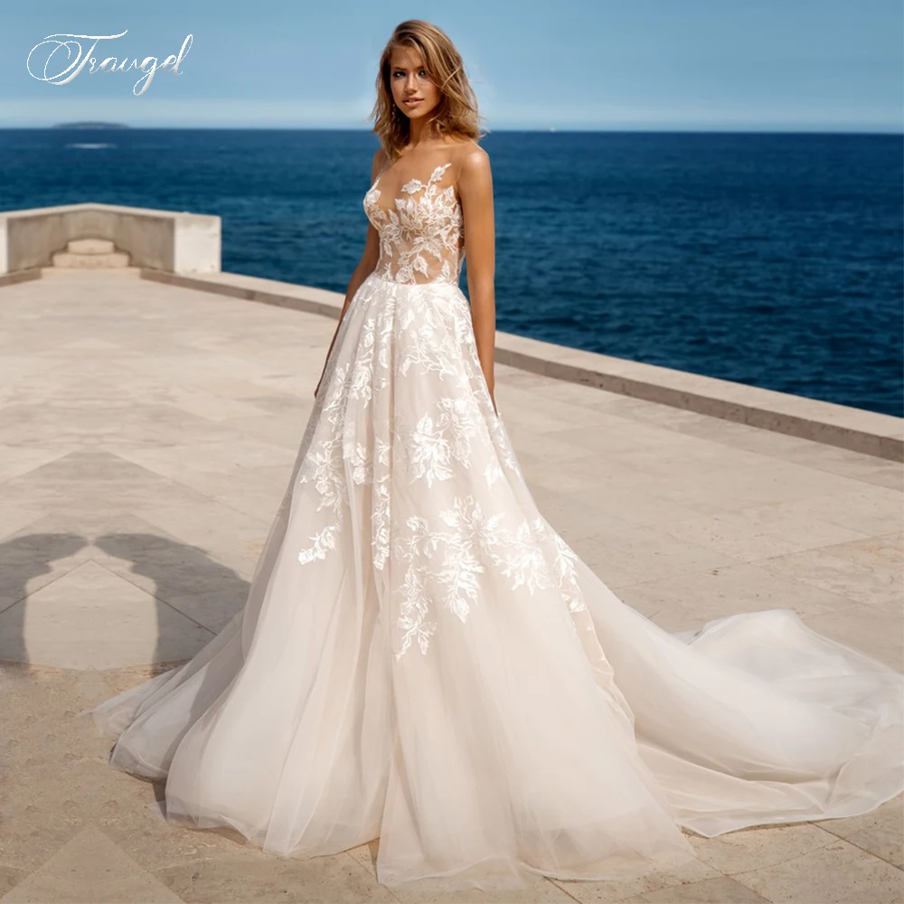 

Traugel Illusion Scoop A Line Lace Wedding Dresses Elegant Applique Sleeveless Bride Dress Chapel Train Bridal Gown Plus Size