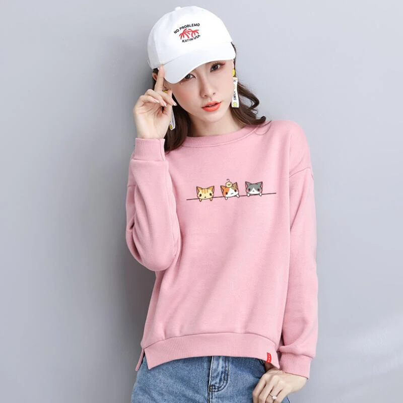 Свитер для девочек с принтом кота розовый kawaii женские осенние толстовки