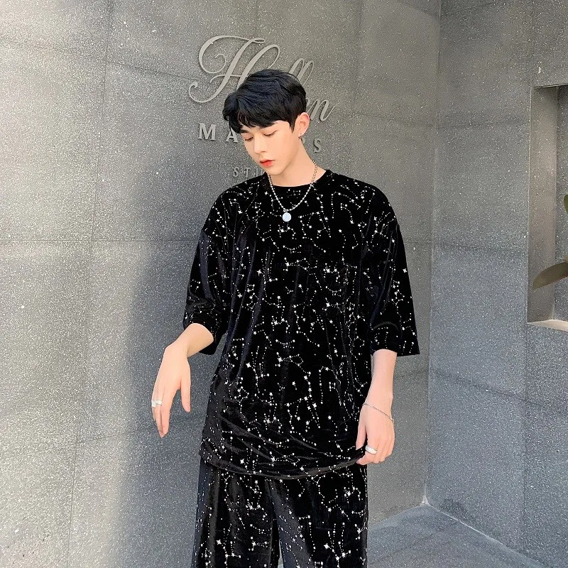 

Summer Tracksuit Nightclub Velvet Shiny Mens Two Piece Set Gothic Casual Loose Black T-Shirt Elastic Straight Knee-Length Shorts