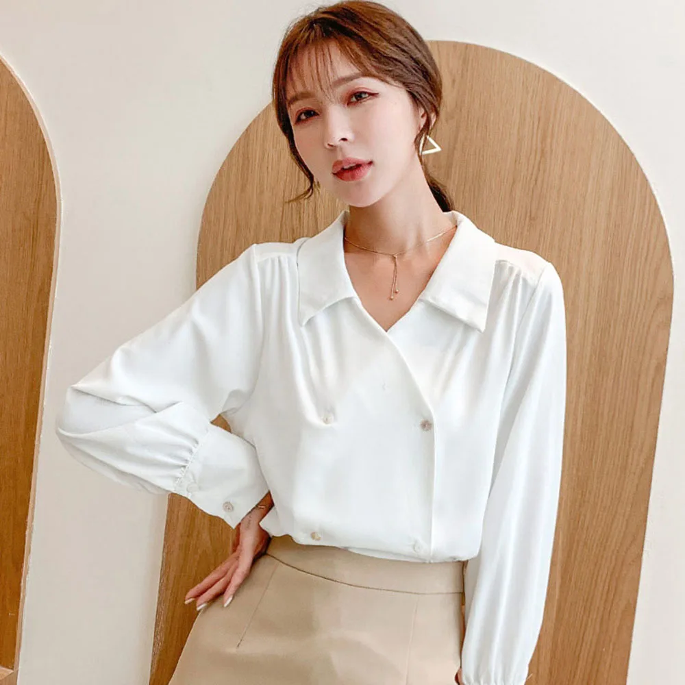 

Elegant Simple Casual Blouse Solid Loose Spring Double Breasted Female Commute Sweet Long Sleeves Chiffon Shirt 2 Colors 2XL