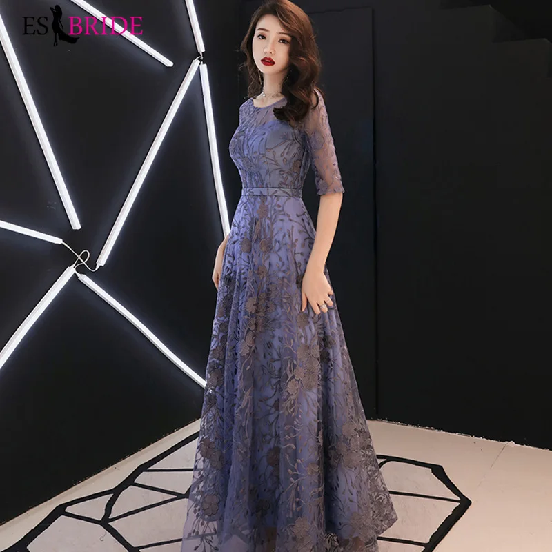ES2746 Robe De Soiree вечерние платья с коротким рукавом длинные трапециевидные Формальные платья в пол с круглым вырезом женские элегантные платья - Цвет: Синий