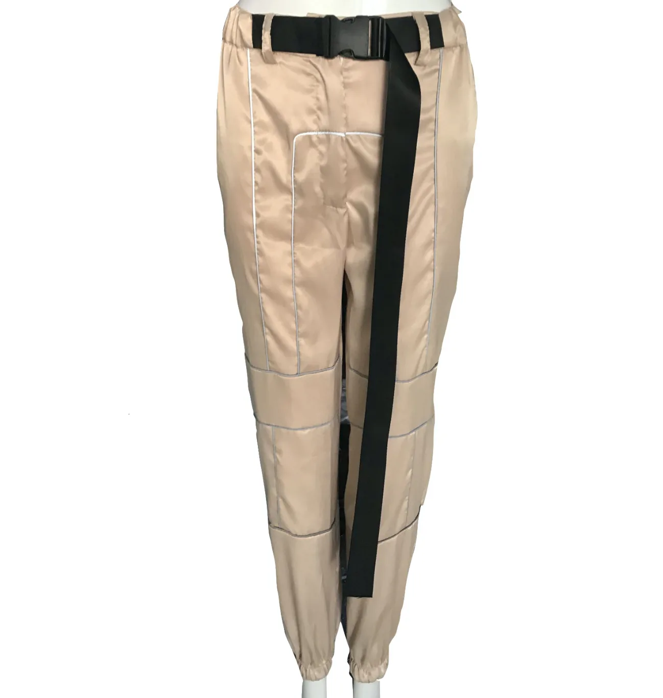 khaki pants Женский спортивный костюм из 2 предметов, светоотражающий укороченный топ, свободные штаны, Модный женский блестящий черный топ на бретелях и брюки Chandal Mujer - Цвет: khaki pants