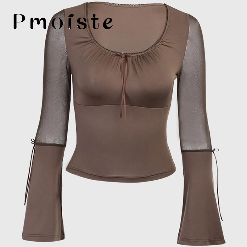 

Flare Full Sleeve Women T Shirt Slim Elegant Transparent Mesh Sexy T-shirts for Women Patchwork Retro Crop Tops High Street Tees
