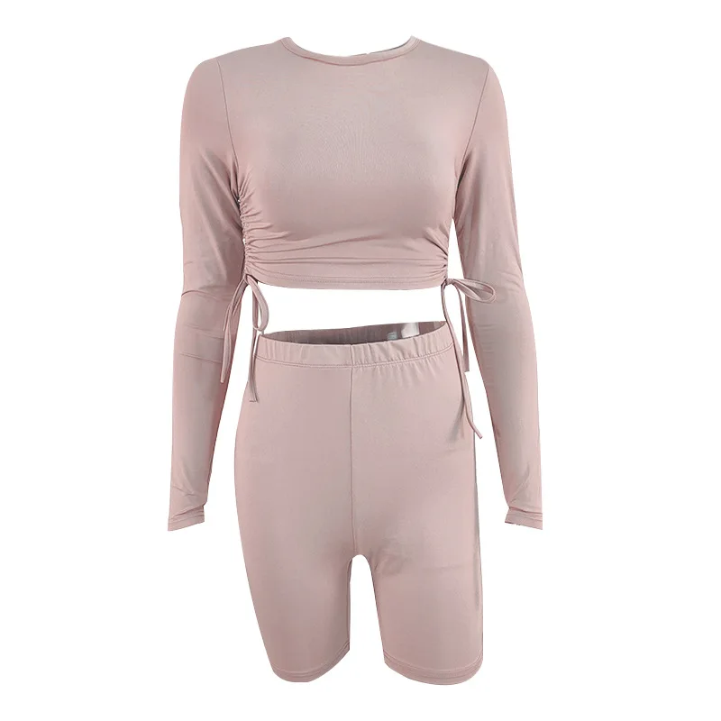 

Casual Tracksuit Women Spring 2 PC Long Sleeve Side Drawstring Cropped Sweatshirt And Shorts Outfits Female Street Wear Sets