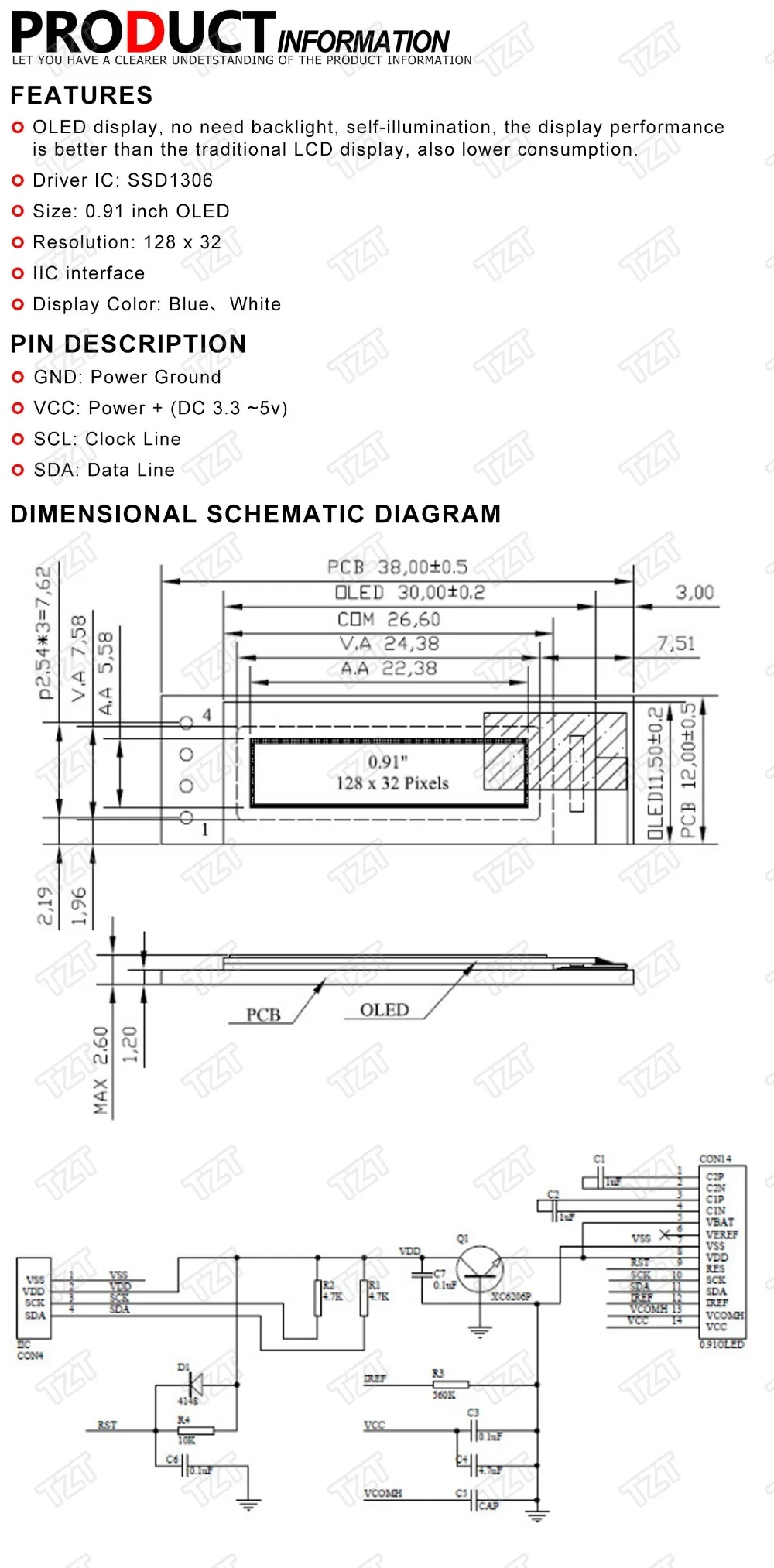 TZT 0,91 дюймовый O светодиодный модуль 0,9" Белый Синий O светодиодный 128X32 O светодиодный ЖК-дисплей 0,91" IIC