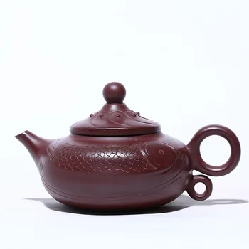 Yixing Purple Clay Tea Pot 300ml Zisha Teapot Raw Ore Purple Red Mud Double Fishes Play Beads Handmade Kung Fu Tea Set