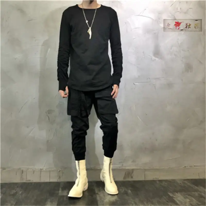 

Autumn and winter new dark water wash undershirt personality fold long-sleeved t-shirt fashion loose shirt button sleeves