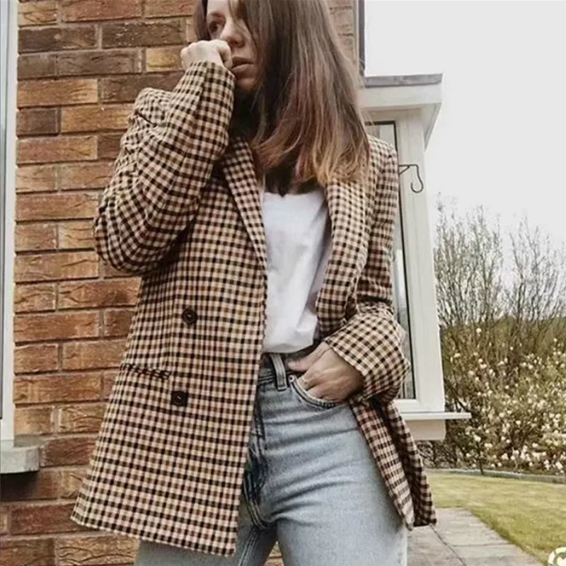 Пиджак женский в клетку с отложным воротником приталенный пиджак стиле ретро