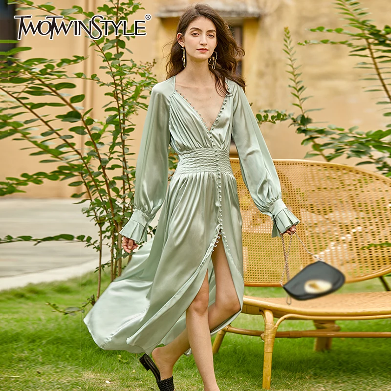 Женское винтажное миди-платье TWOTWINSTYLE Осеннее черное белое с V-образным вырезом