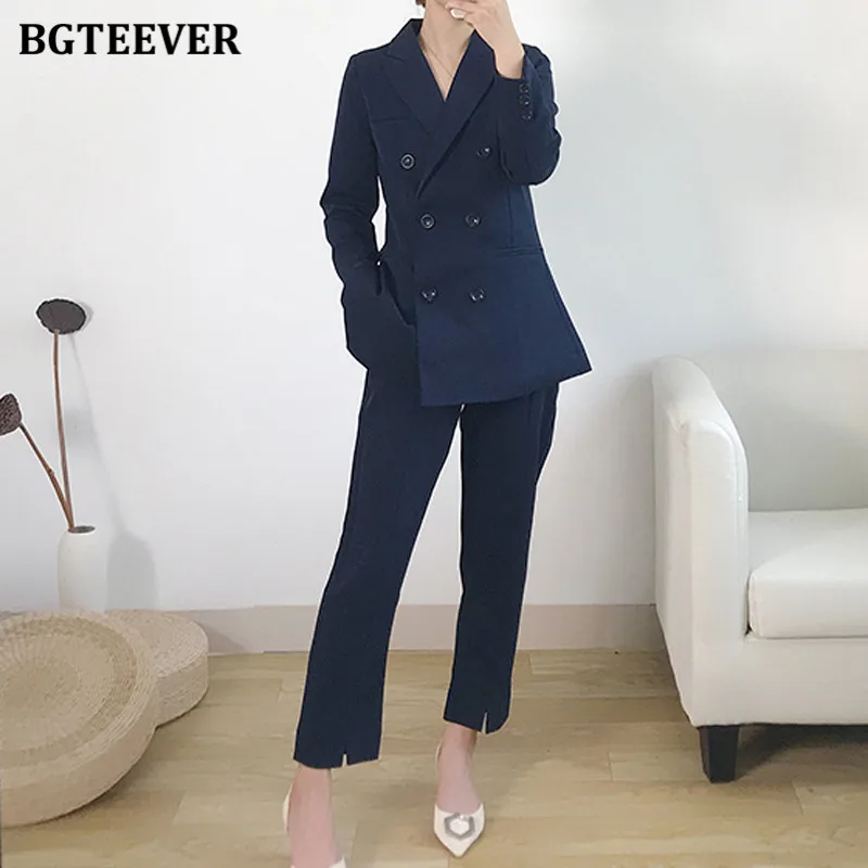 

Женский костюм BGTEEVER из 2 предметов, элегантный двубортный Блейзер и брюки, весенний темно-синий костюм, 2021
