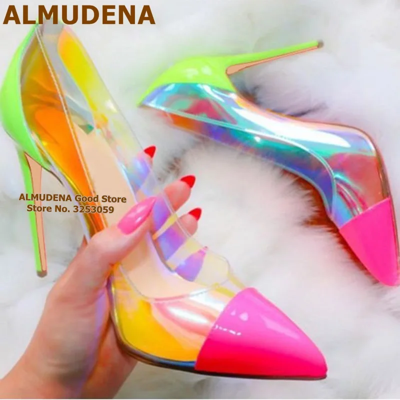 

ALMUDENA Neon Heels Pink Pointy Toe Wedding Shoes 12cm Hologram Iridescent PVC Shallow Dress Pumps Coolorized Patchwork Shoes