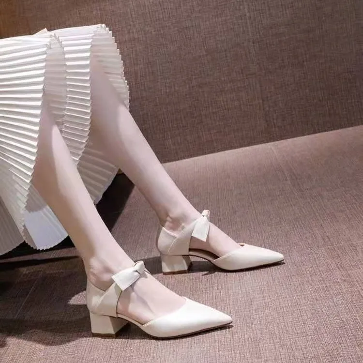 

Women White Sandals Low Heel Shoes Plus Size 22.5cm-25cm Spring-Summer Butterfly-Knot Heeled Ladies Elegant Wedding Woman Shoes