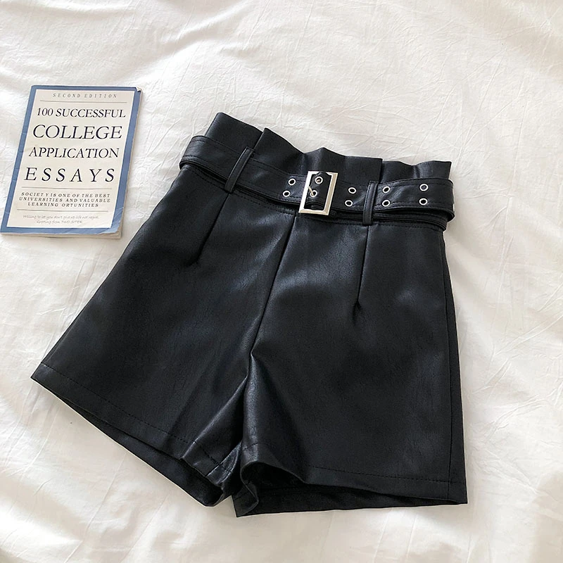 Женские кожаные шорты с высокой талией корейские модные короткие из