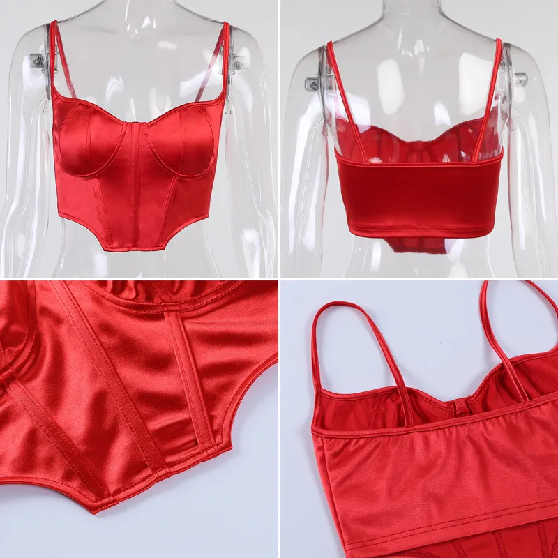 

Sexy Satin Corset Crop Top Fashion Sapghetti Strap Asymmetrical Cami Top Black Red Bustier Party Club Tops