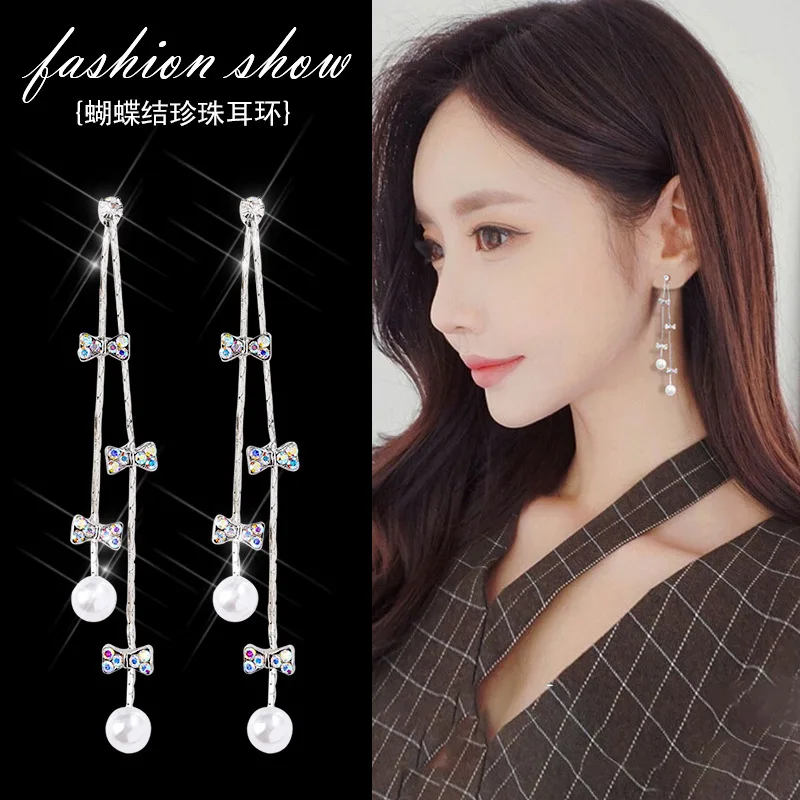 

Korean Bow Earrings Feminine Temperament Simple Long Pearl Tassel Earrings Fashion Net Red Earrings With Earrings