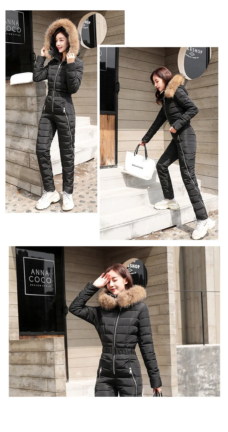 Winter new down cotton pad women fashion women two-piece cotton Raccoon Fur collar hooded thick warm jumpsuit women G1156