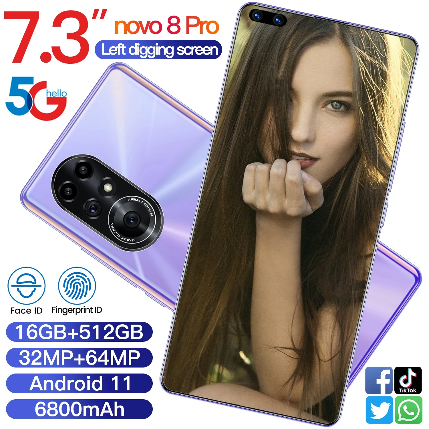 

2021 Novo8 Pro Global Version 7.3Inch Large Screen Snapdragon 888 16GB 512GB Android 11 32MP 64MP Camera 6800mAh Game Smartphone