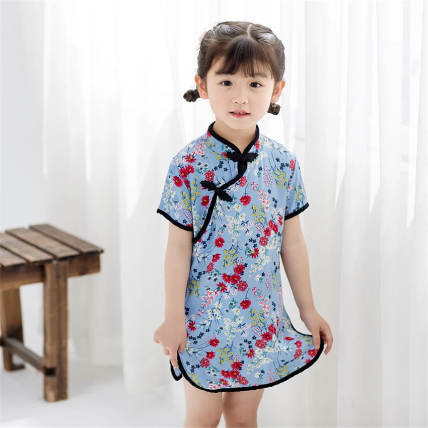 

Summer Spring Kids Chinese Traditional Clothing 2021 New Embroidery Cheongsam for Girls Vintage Qipao Cute Short Sleeve Dress