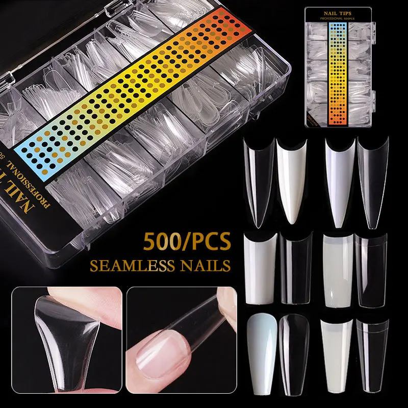 

500pcs/Box C Arc Artificial Nail Tips Full Cover Nails Colored Nail Tips Nail Capsules French Ballet Manicure False Nails