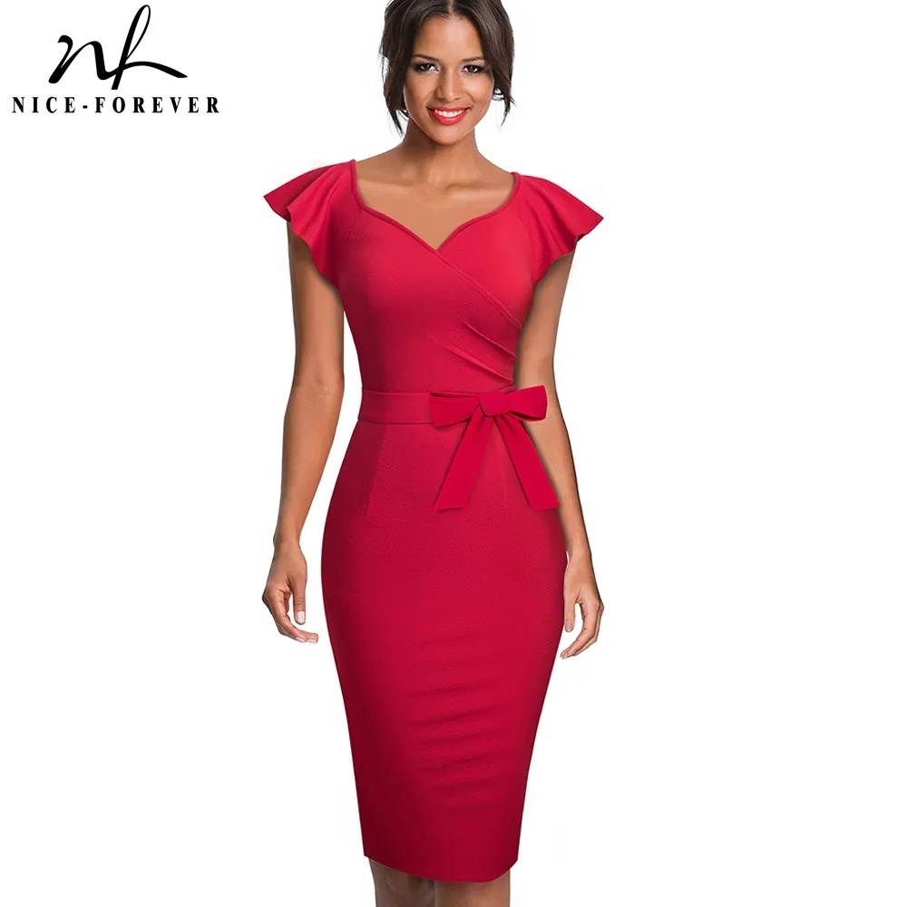 Женское платье карандаш Nice forever элегантное однотонное с рюшами на рукавах для
