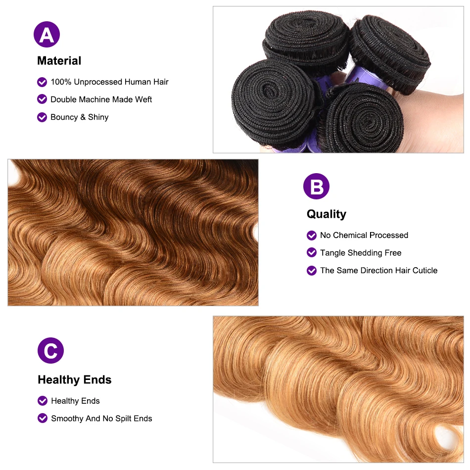 Волосы UNice Kysiss Series Ombre 3 пряди с застежкой T1B/4/27 перуанские пупряди волнистых