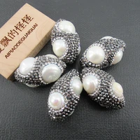 apdgg wholesale 5 pcs oval shape cz pave black rhinestone pave white pearl beads jewelry findings