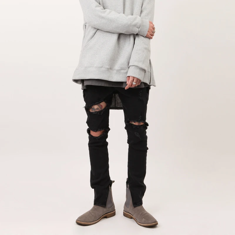 Мужские тонкие джинсы на молнии черные зауженные брюки с дырками коленях