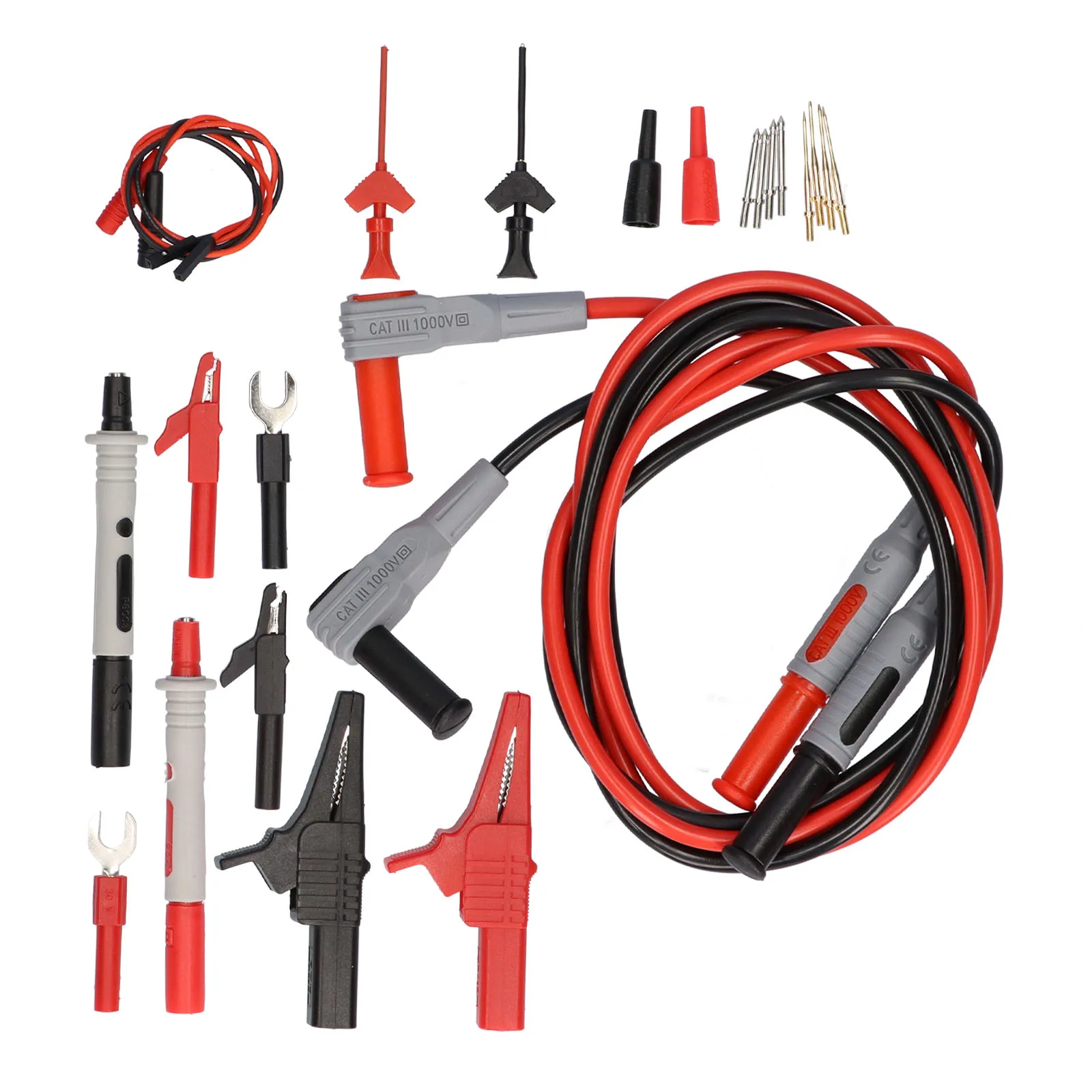 

P1300D Multimeter Test Leads Kit 1000V 10A Replaceable with 4mm Banana Plugs & Alligator Clips & Test Hooks & Test Probes Set