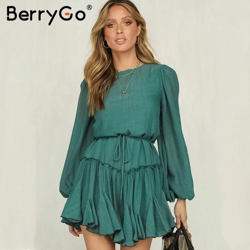 BerryGo элегантное зеленое короткое вечернее платье женское офисное осеннее