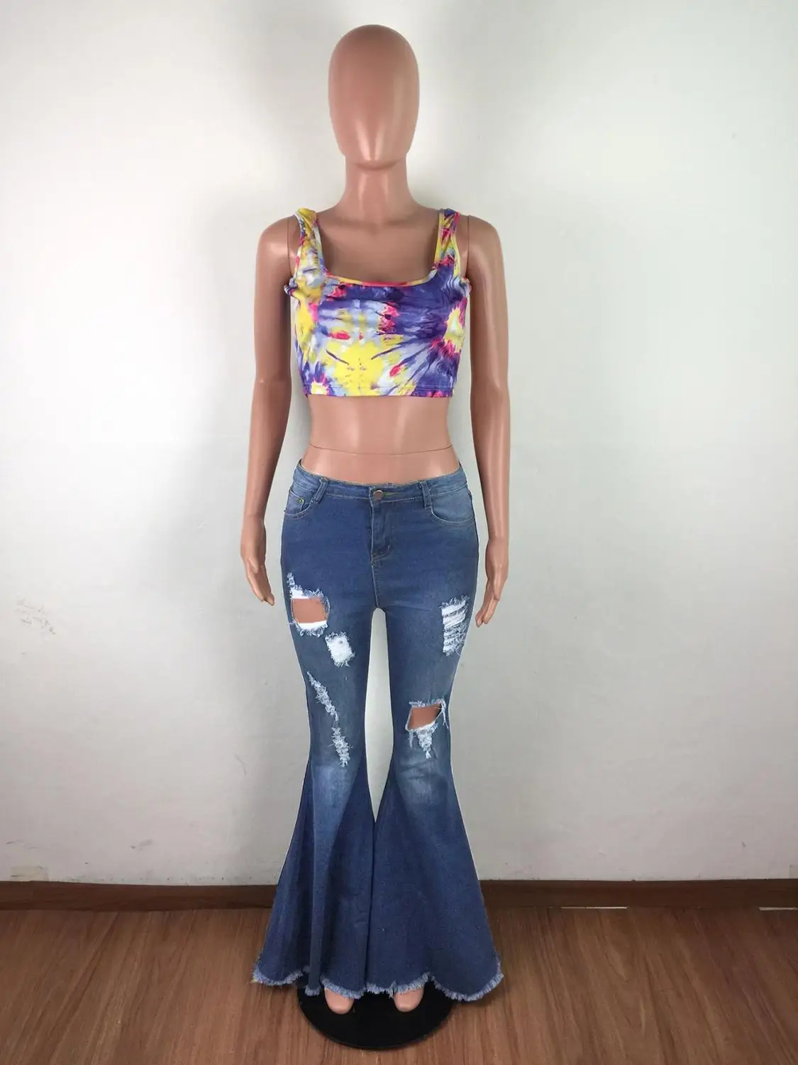 

European sexy solid color slim hole flared pants fashion high waist button women's jeans pants