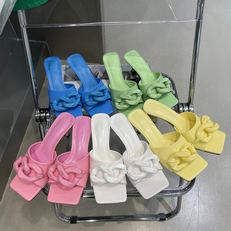 

2021 Fashion Brand Buckle Women Slipper Peep Toe Thin High Heel Ladies Sandals Candy Color Summer Outdoor Beach Slides Flip Flop