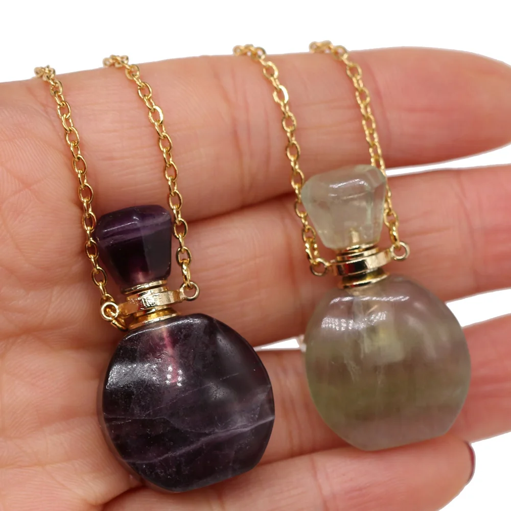 

Hot Sale Natural Stone Perfume Bottle Necklace Fluorite/Amethyst Pendant For Elegant Women Love Romantic Gift Chain 60 CM