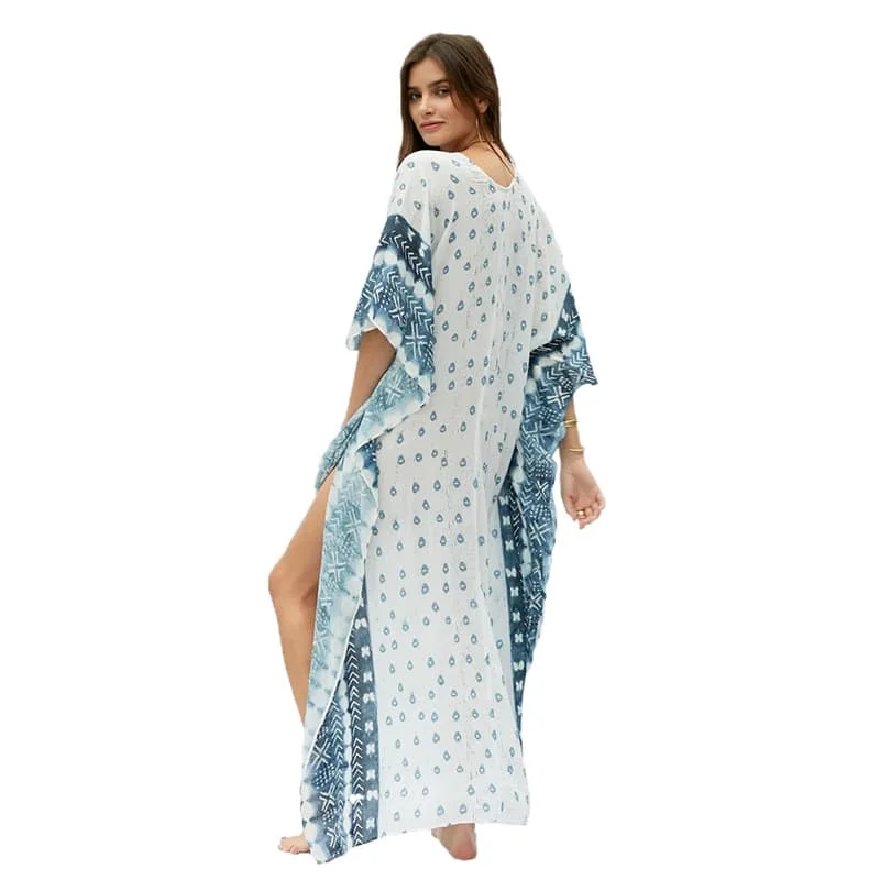 Women V-Neck Bikini Cover-Ups Boho Polka Dot Printed Dresses Beach Holiday Casual Ladies Dress Robe Batwing Sleeve High Split