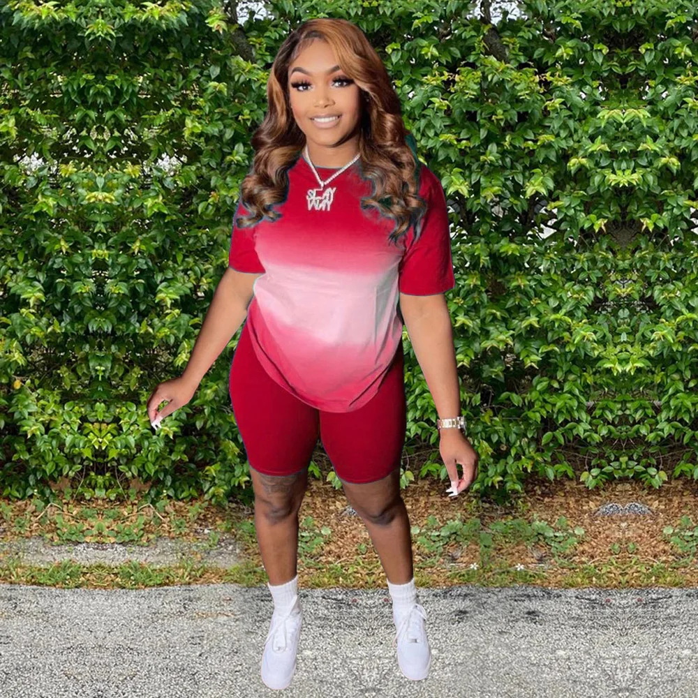 

Костюм спортивный женский с градиентом, повседневная Приталенная футболка с круглым вырезом и коротким рукавом и велосипедные шорты, модны...