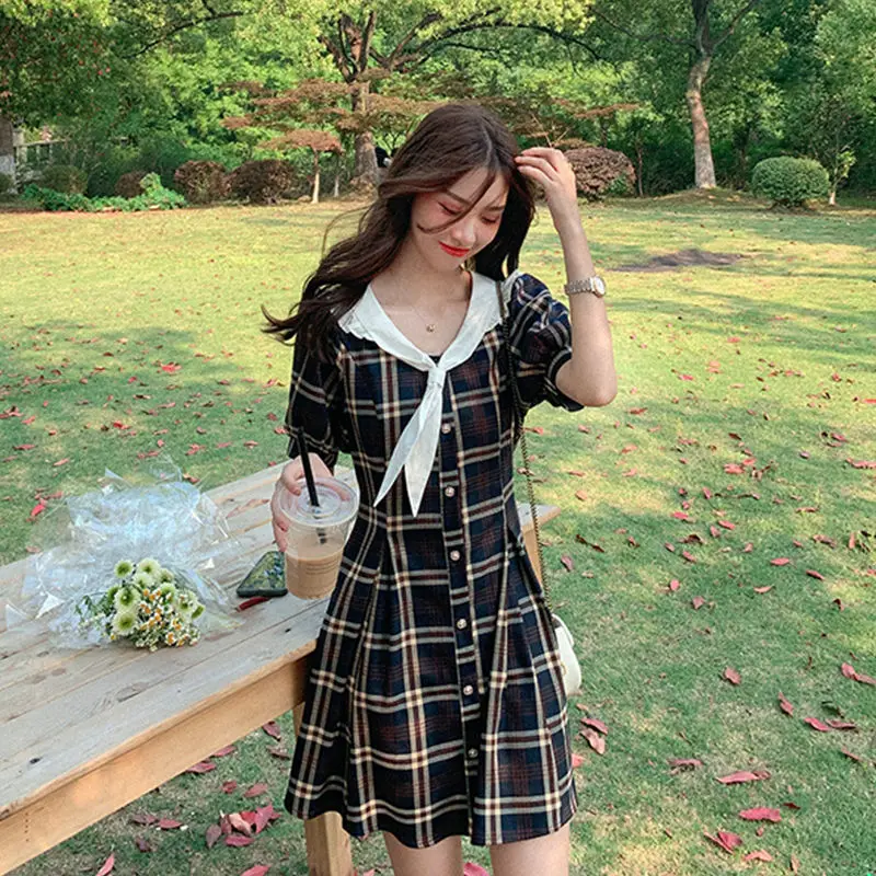 

MAGOGO New Plaid Mini Dress Retro Navy Collar Slim Short Sleeve Summer Grid Dress New