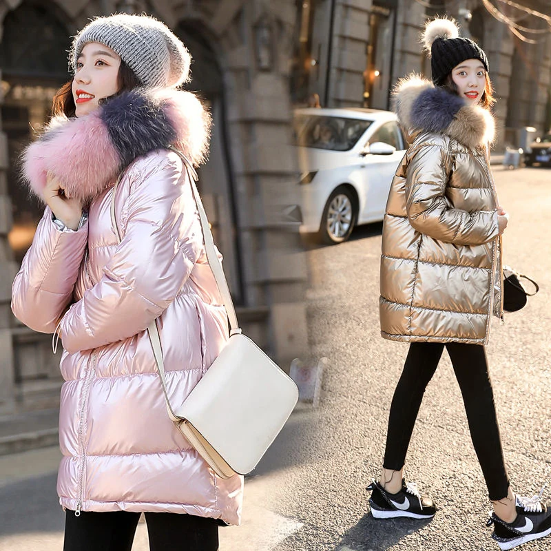 JuneLove шикарное зимнее блестящее пуховое пальто с капюшоном и меховым воротником