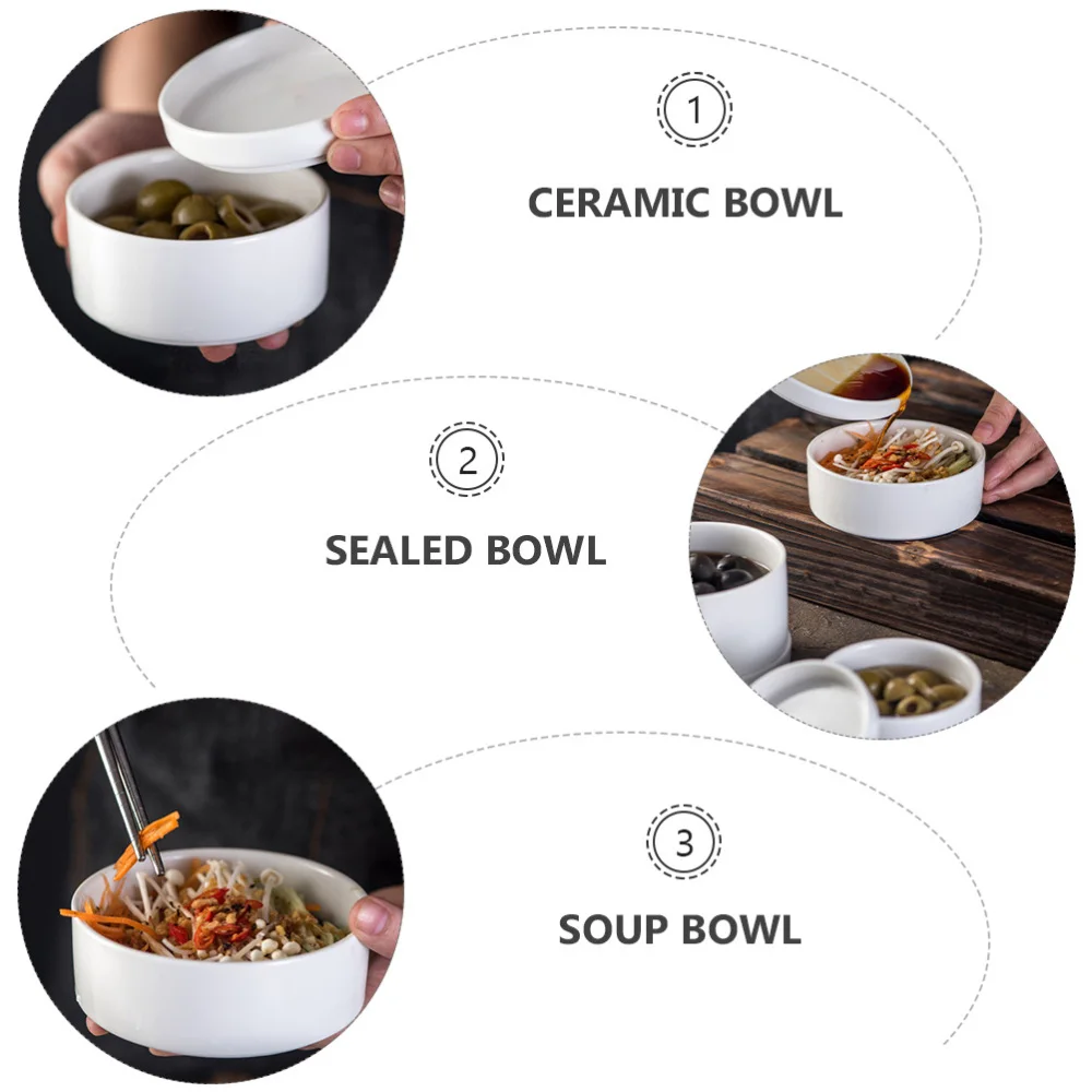 

1 Pc Ceramic Steaming Bowl Practical Seasoning Bowl Sealed Can with Lid (White)