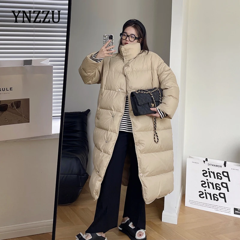 

90% White duck down coat Women's Winter Warm Casual High neck Buttons up Long jacket Oversized Thick Khaki Outwear YNZZU 1O425