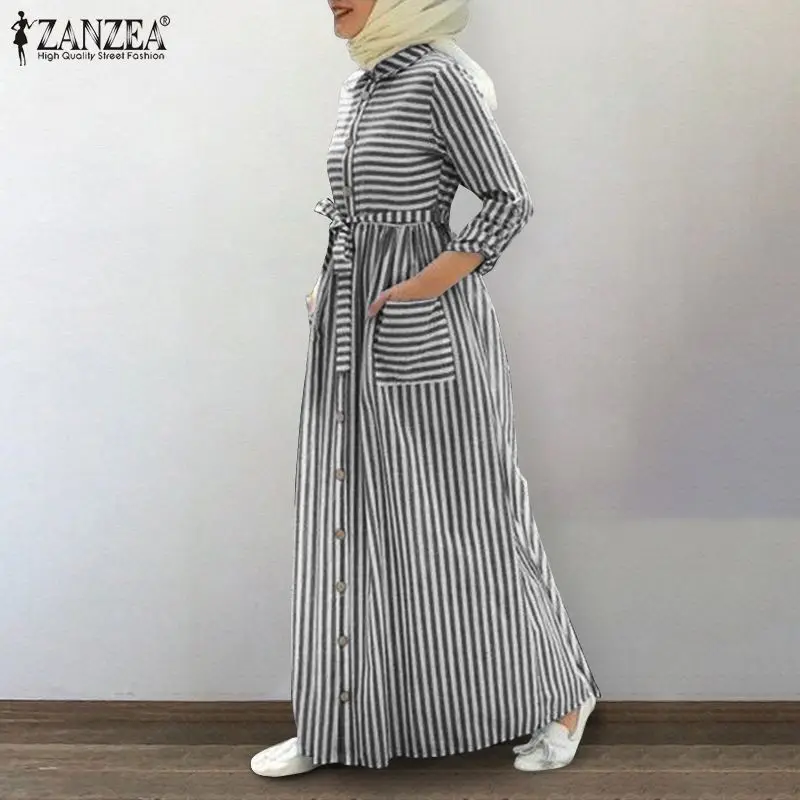 Стильное платье рубашка в полоску женские мусульманские платья ZENZEA Повседневное