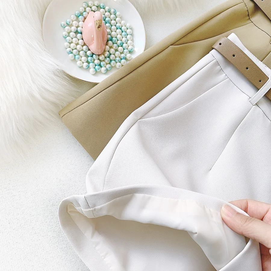 

Women's Fashion Retro High Waist Straight Suit Shorts Girls 2021 Spring New Casual Wear All-Match Wide-Leg Pants and Belt