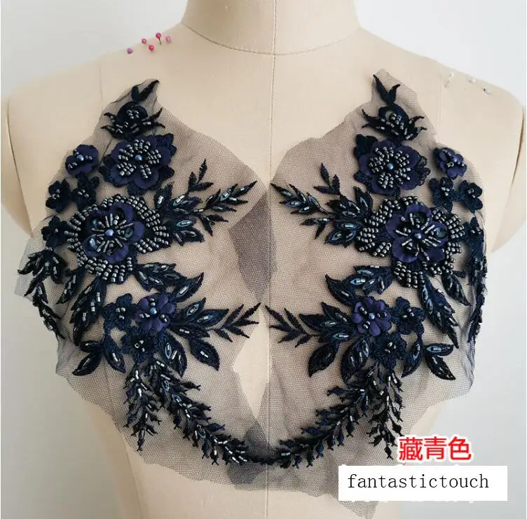 navy blue Новое поступление 1 шт. Роскошные бисером ремесло высокого класса цветок вышивка шитьё кружево Аппликация на вырез горловины планки 3D Venise нашивки - Цвет: navy blue